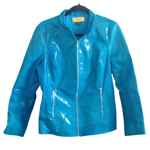 St. John Jacket Moto Light Blue Turquoise Leather Full Zip w/Pockets Medium READ - Picture 1 of 5